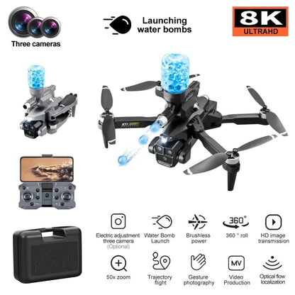 Drone with 8K electric tuning three camera and water pellets